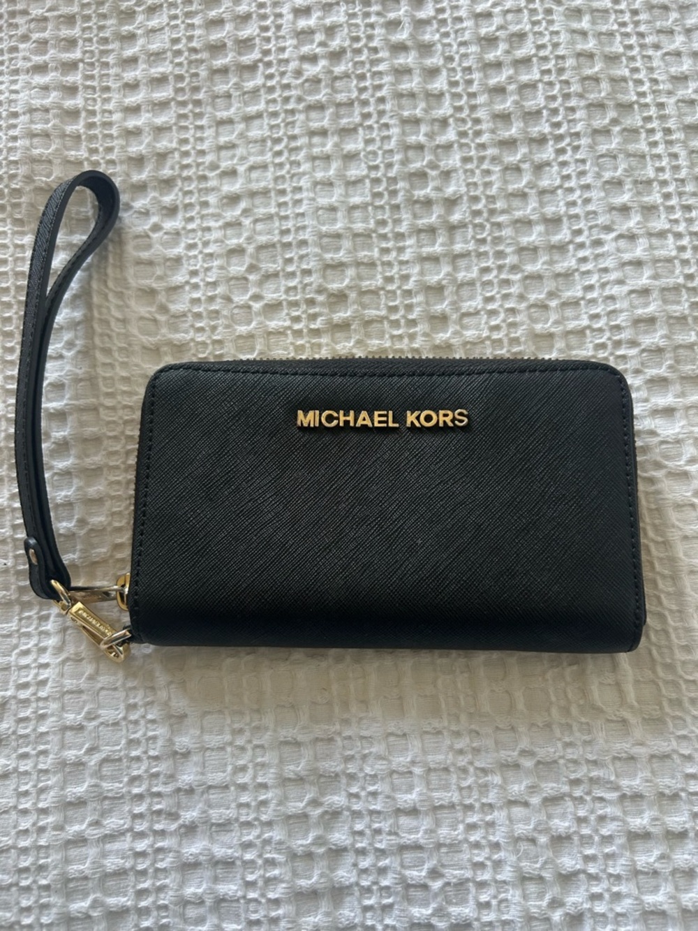 Michael Kors Black Leather Zip Wristlet with Gold Logo